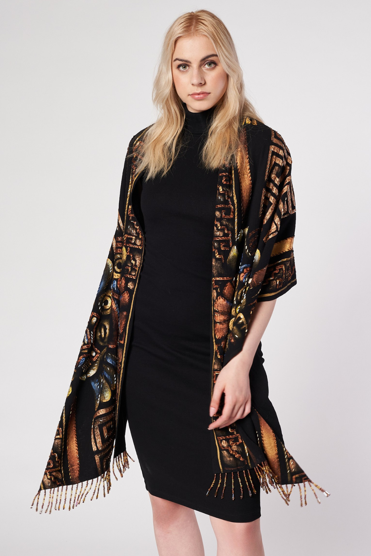 HAND-PAINTED AND HAND-EMBROIDERED SHAWL WITH BEADED FRINGE - GUERREROS