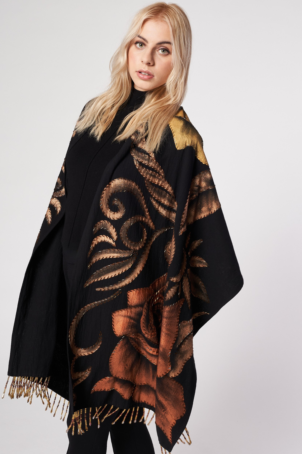 HAND PAINTED SHAWL WITH BEADED FRINGE - ROSAS GOLD