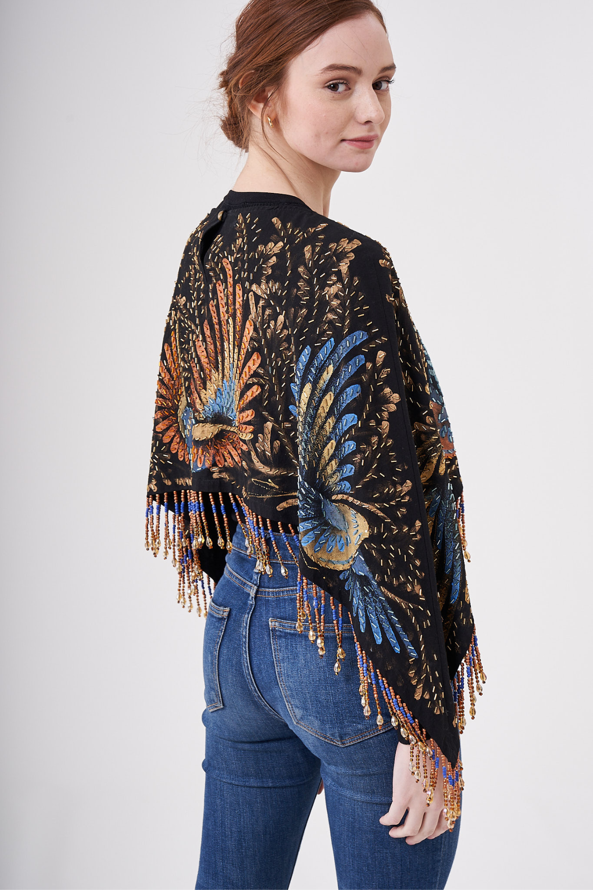 SHORT HAND-PAINTED AND HAND-EMBROIDERED CAPE WITH BEADED FRINGE