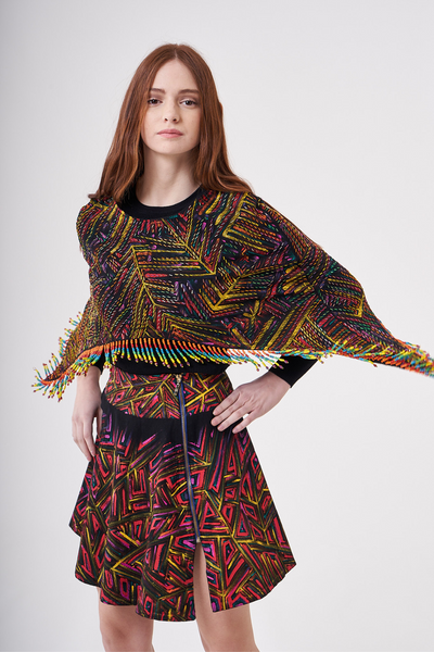 SHORT HAND-PAINTED AND HAND-EMBROIDERED CAPE WITH BEADED FRINGE