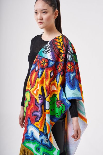 HAND PAINTED SUEDE FRINGE SHAWL - HUICHOL