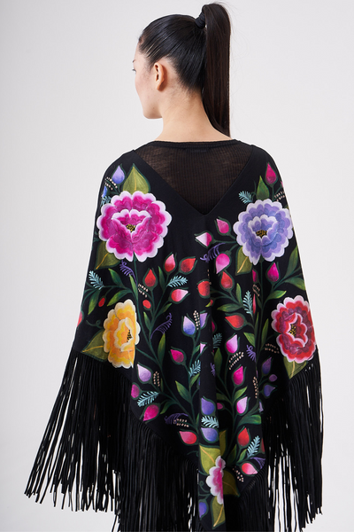 PONCHO LUNGO CON FRANGE DI CAMOSCIO DIPINTO A MANO - TEXTIL FLORES