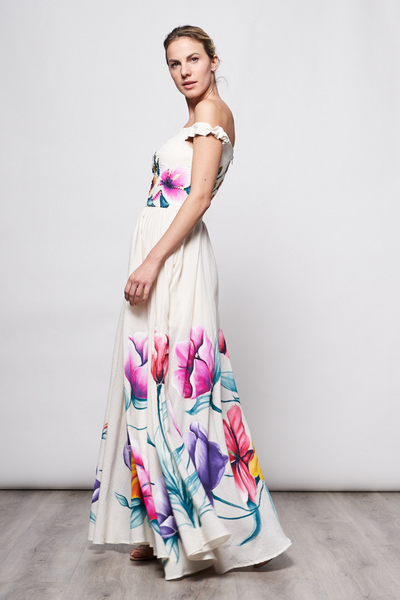 HAND-PAINTED AND HAND-EMBROIDERED LONG DRESS - FLORES