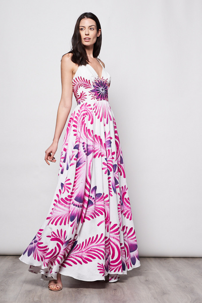 LONG DRESS V NECK HAND-PAINTED AND HAND-EMBROIDERED - TALAVERA PINK