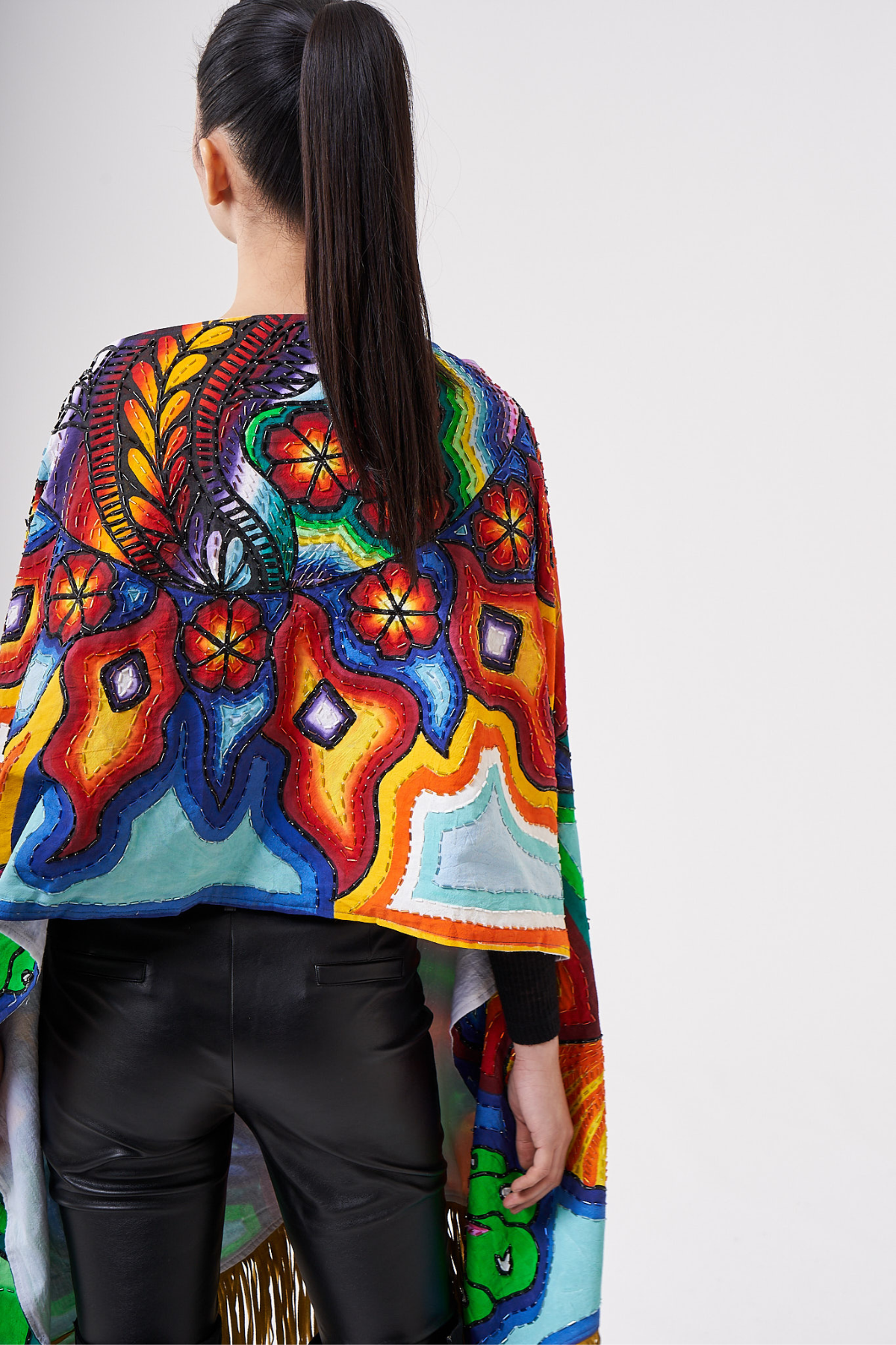 HAND PAINTED SUEDE FRINGE SHAWL - HUICHOL