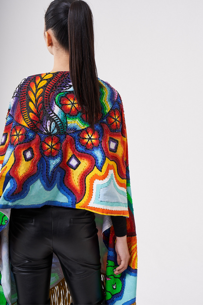 HAND PAINTED SUEDE FRINGE SHAWL - HUICHOL