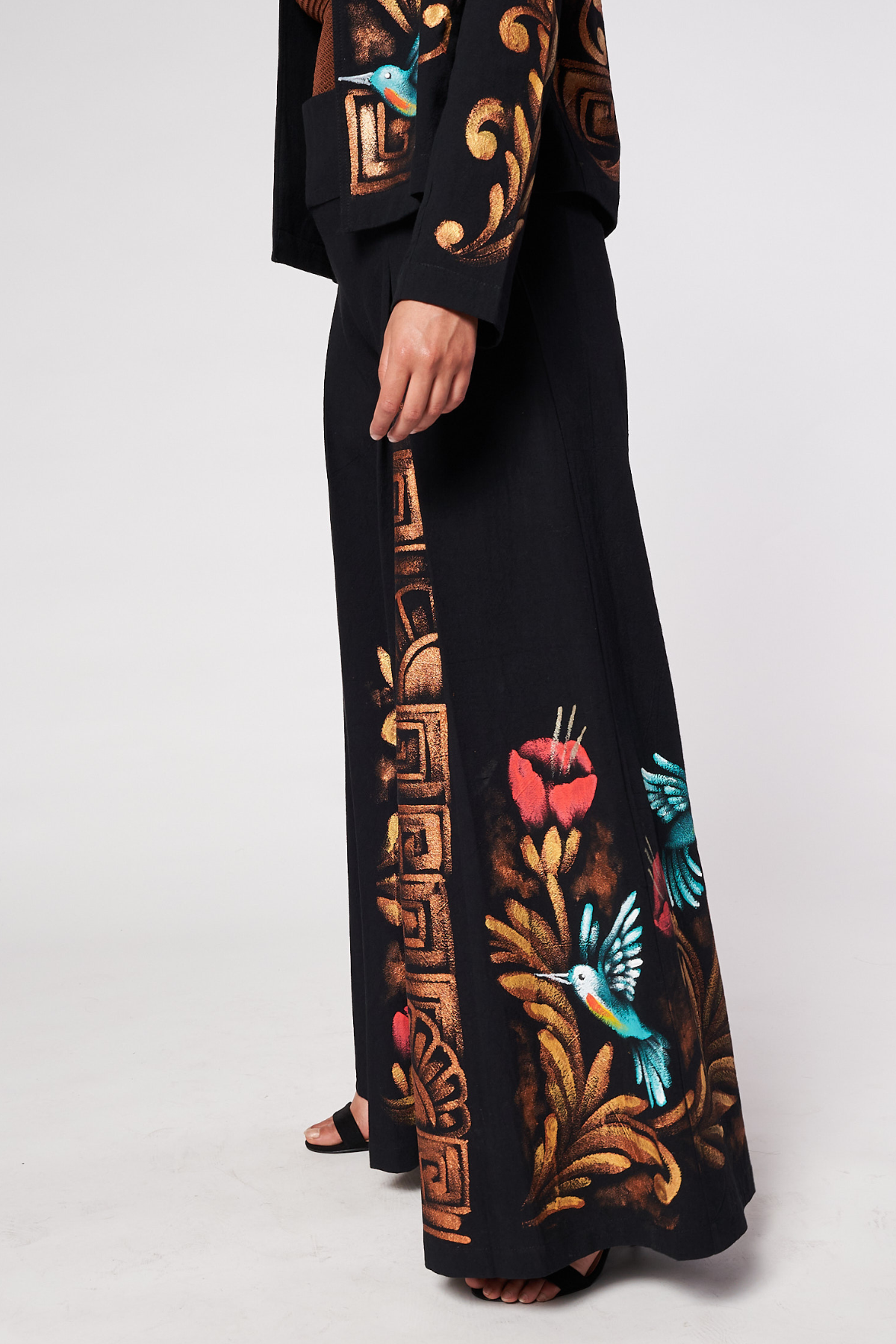 PANTALONI A PALAZZO PLISSETTATI DIPINTI A MANO - COLIBRI PREHISPANICO