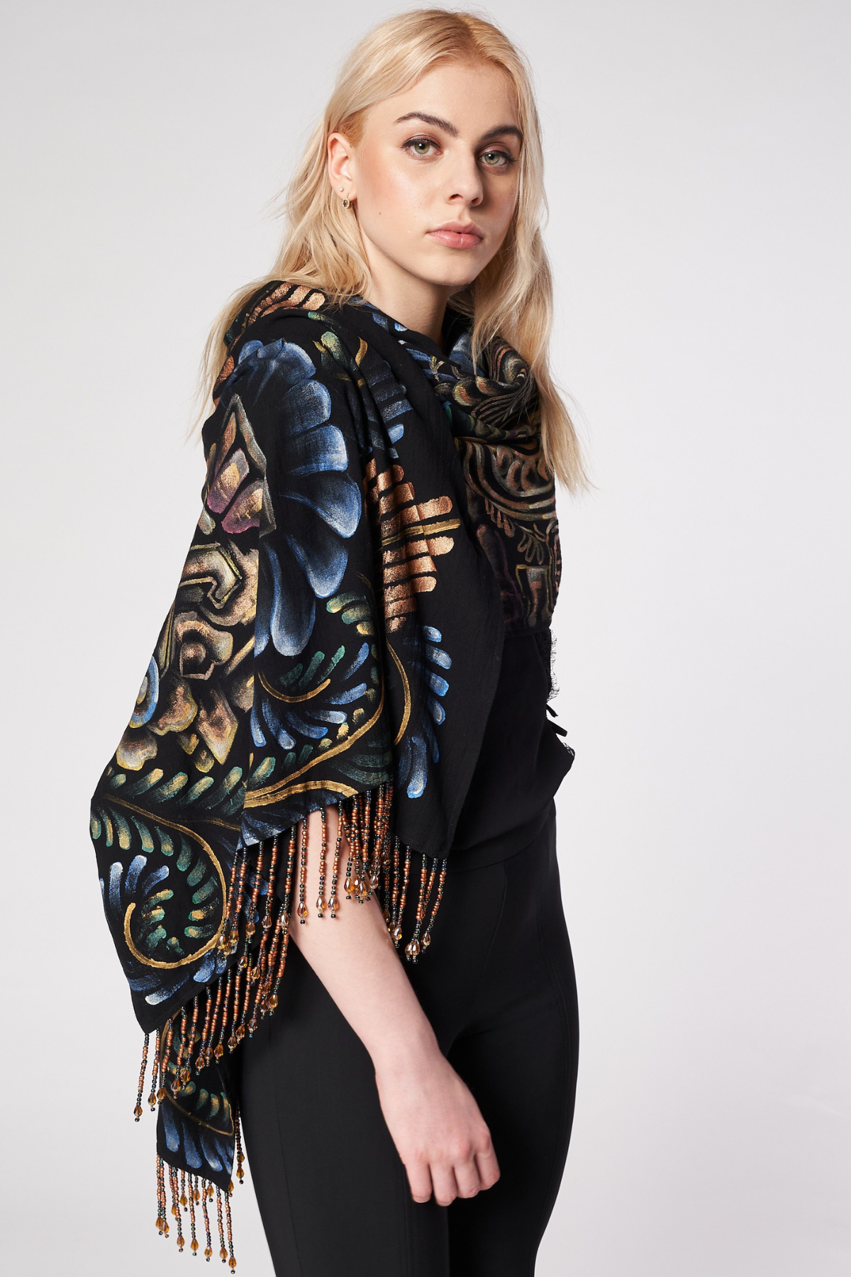 HAND PAINTED BEADED FRINGE SHAWL - PREHISPANICO