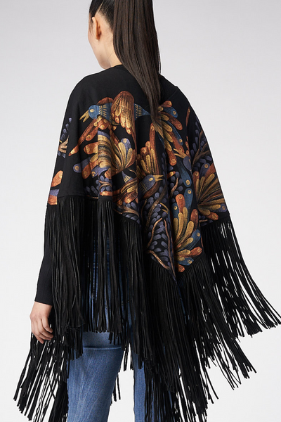 HAND-PAINTED PONCHO WITH SUEDE FRINGE