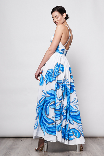 HAND-PAINTED AND HAND-EMBROIDERED LONG DRESS V NECK - TALAVERA AZUL