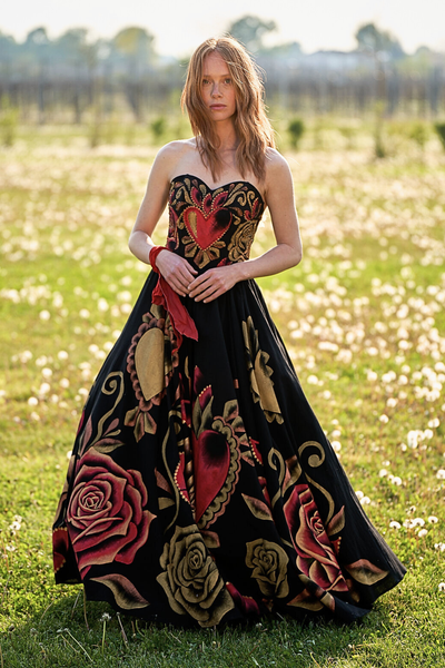 ABITO LUNGO BUSTIER STRAPLESS DIPINTO E RICAMATO A MANO - CORAZONES ROJOS