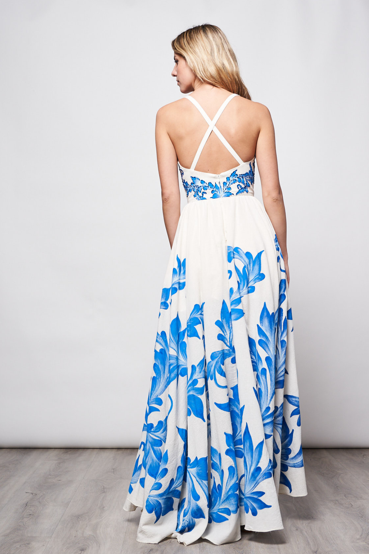 HAND-PAINTED AND HAND-EMBROIDERED LONG DRESS V NECK - TALAVERA AZUL