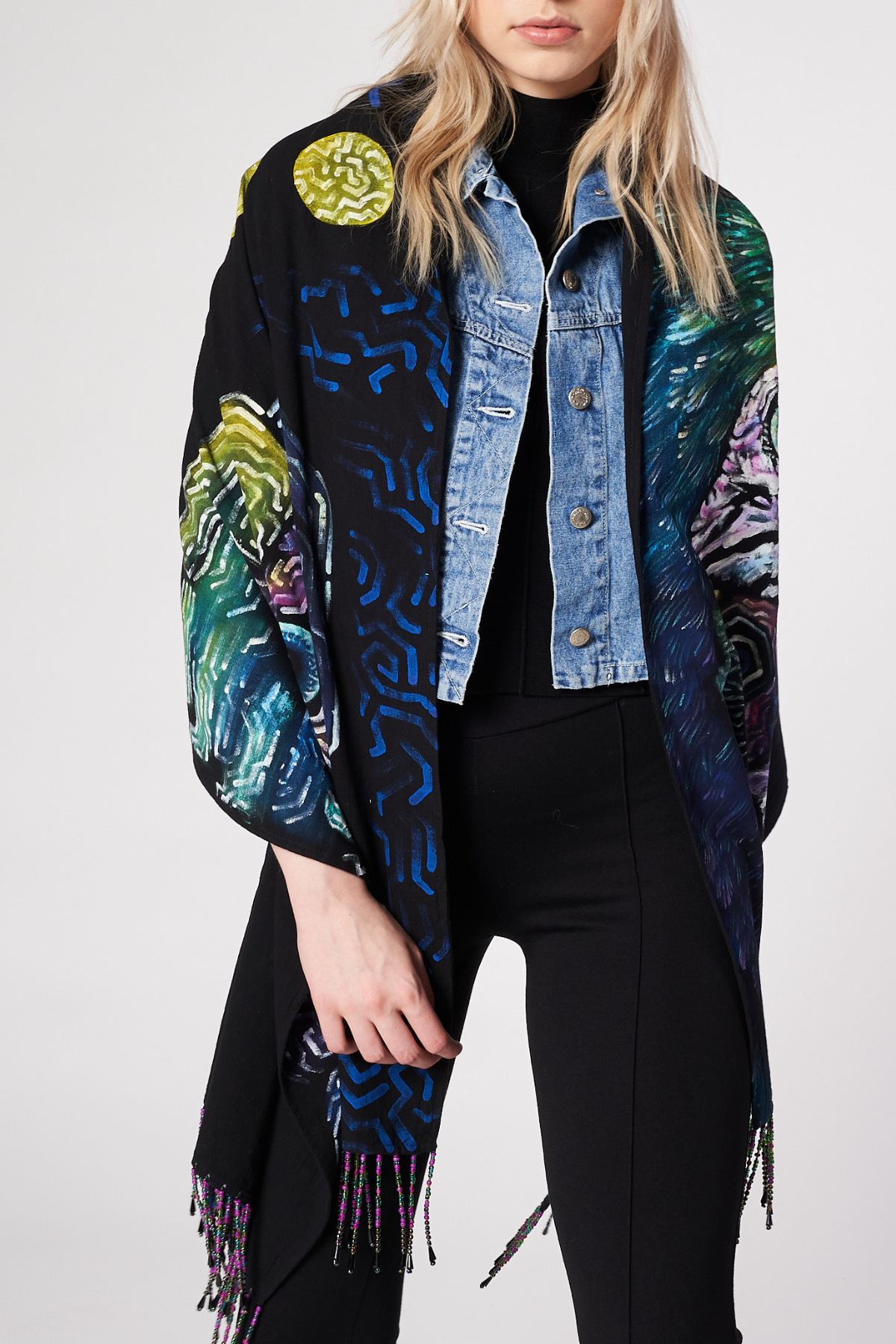 HAND-PAINTED SHAWL WITH BEADED FRINGE - GUERREROS