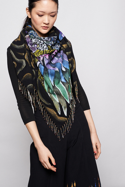 HAND-PAINTED AND HAND-EMBROIDERED TRIANGULAR SHAWL WITH BEADED FRINGE - GUACAMAYA