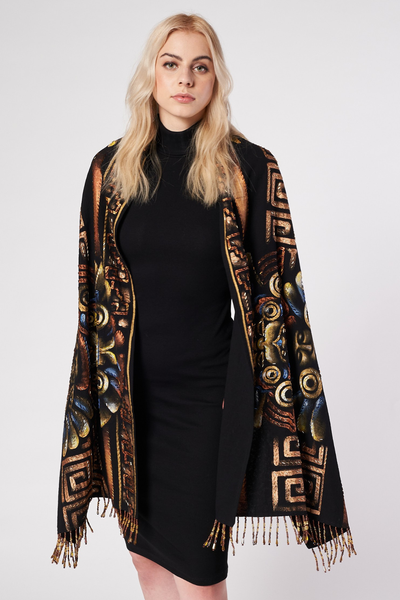 HAND-PAINTED AND HAND-EMBROIDERED SHAWL WITH BEADED FRINGE - GUERREROS