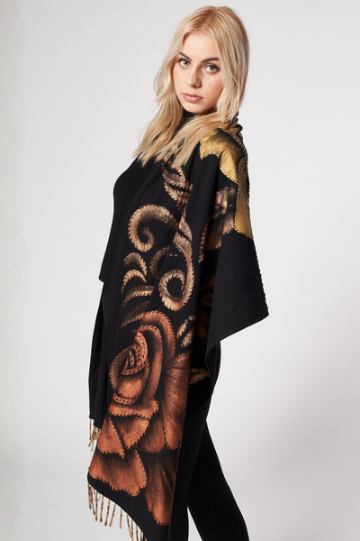 HAND PAINTED SHAWL WITH BEADED FRINGE - ROSAS GOLD