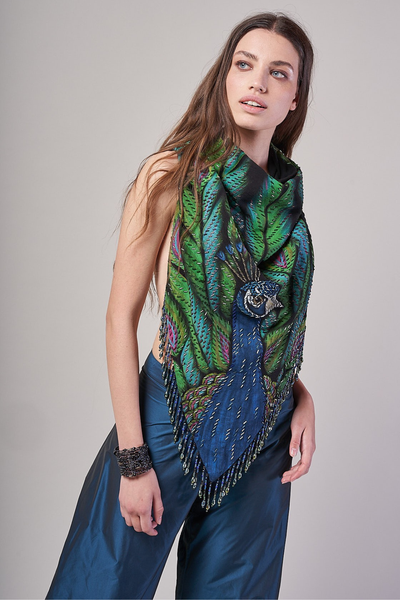 HAND-PAINTED AND HAND-EMBROIDERED TRIANGULAR SHAWL WITH BEADED FRINGE - PAVO REAL