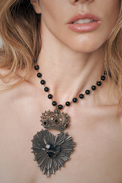 SAGRADO CORAZON CROWN NECKLACE WITH HAND FACETED CRYSTAL