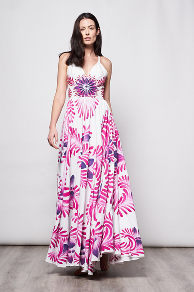 LONG DRESS V NECK HAND-PAINTED AND HAND-EMBROIDERED - TALAVERA PINK