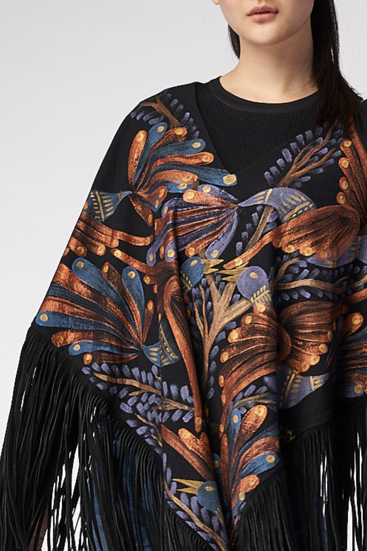 HAND-PAINTED PONCHO WITH SUEDE FRINGE