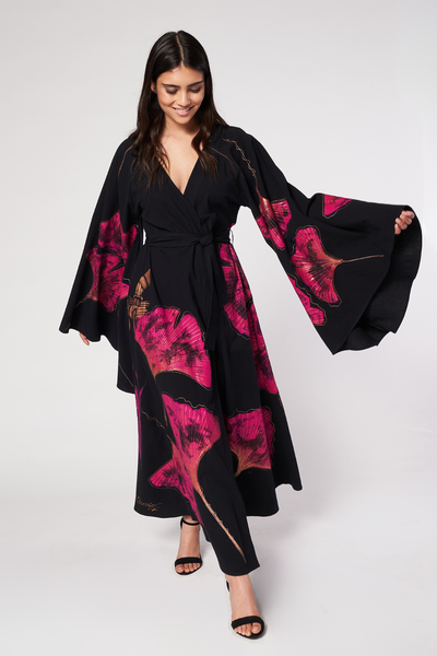 ABITO LUNGO KIMONO DIPINTO A MANO - DINASTIA JAGUAR FUCSIA