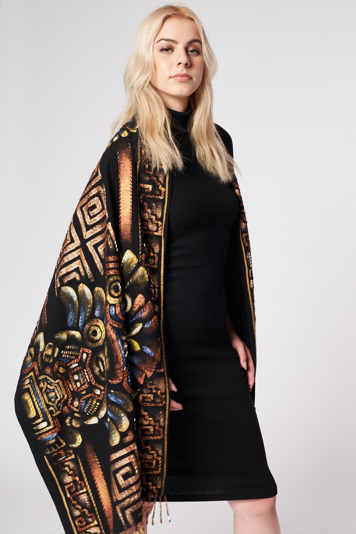 HAND-PAINTED AND HAND-EMBROIDERED SHAWL WITH BEADED FRINGE - GUERREROS