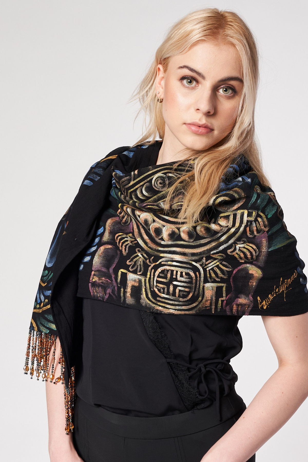 HAND PAINTED BEADED FRINGE SHAWL - PREHISPANICO