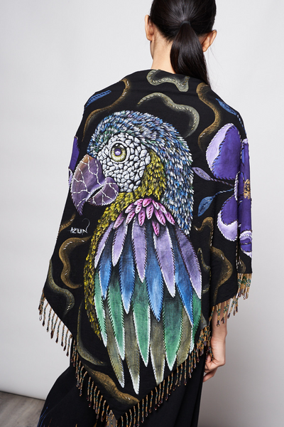 HAND-PAINTED AND HAND-EMBROIDERED TRIANGULAR SHAWL WITH BEADED FRINGE - GUACAMAYA