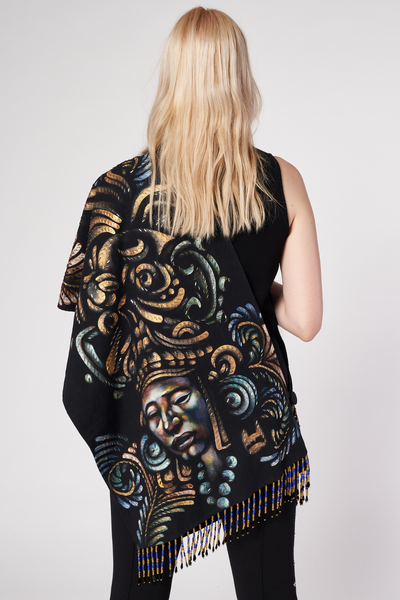 HAND-PAINTED AND HAND-EMBROIDERED SHAWL WITH BEADED FRINGE - GUERREROS