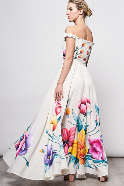 HAND-PAINTED AND HAND-EMBROIDERED LONG DRESS - FLORES