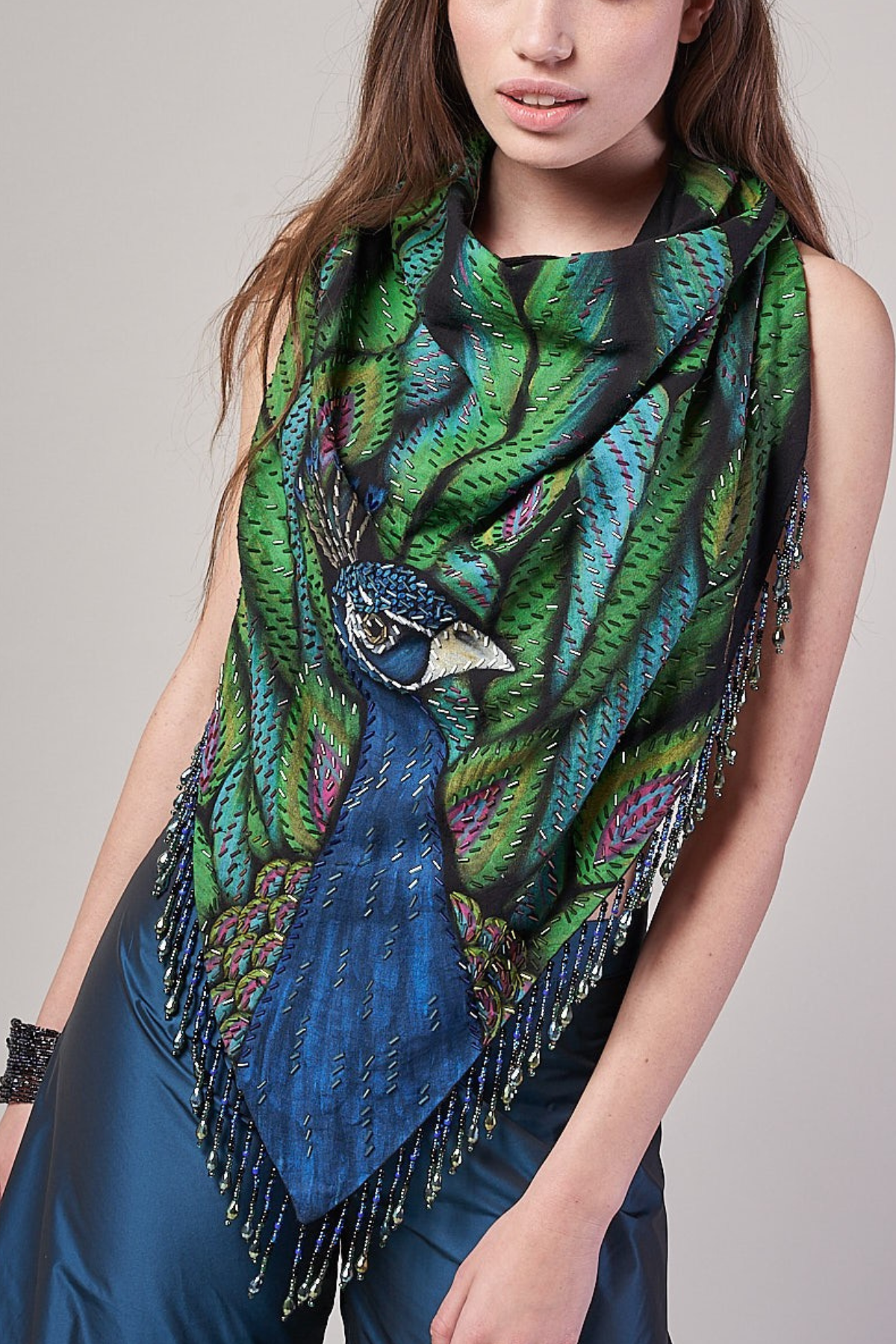 HAND-PAINTED AND HAND-EMBROIDERED TRIANGULAR SHAWL WITH BEADED FRINGE - PAVO REAL