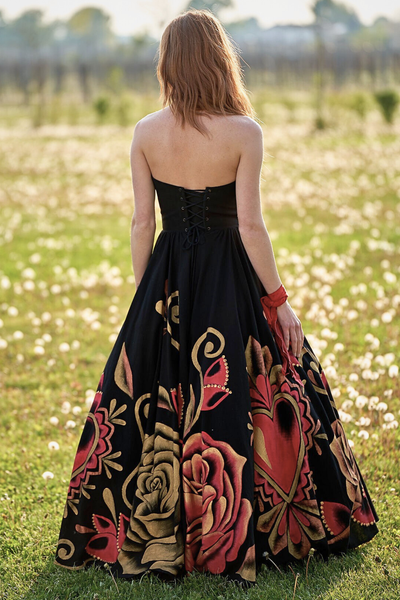 ABITO LUNGO BUSTIER STRAPLESS DIPINTO E RICAMATO A MANO - CORAZONES ROJOS