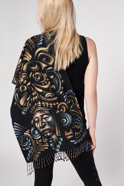 HAND-PAINTED AND HAND-EMBROIDERED SHAWL WITH BEADED FRINGE - GUERREROS