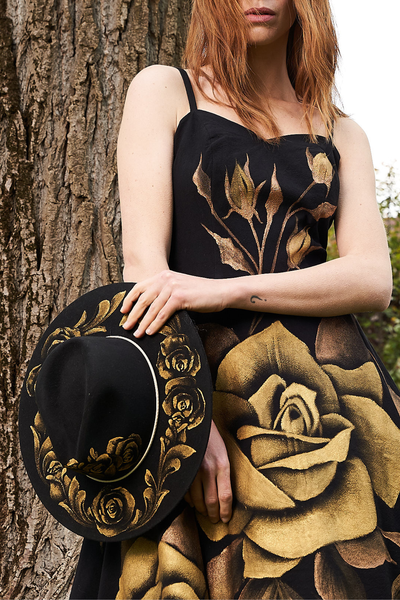 ABITO MIDI A CAMPANA DIPINTO A MANO - ROSAS ORO