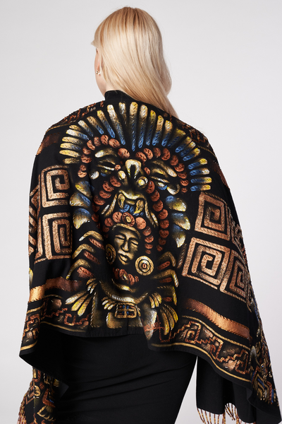 HAND-PAINTED AND HAND-EMBROIDERED SHAWL WITH BEADED FRINGE - GUERREROS
