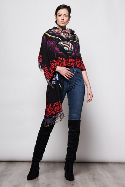 HAND-PAINTED SHAWL WITH BEADED FRINGE - INDIGENAS