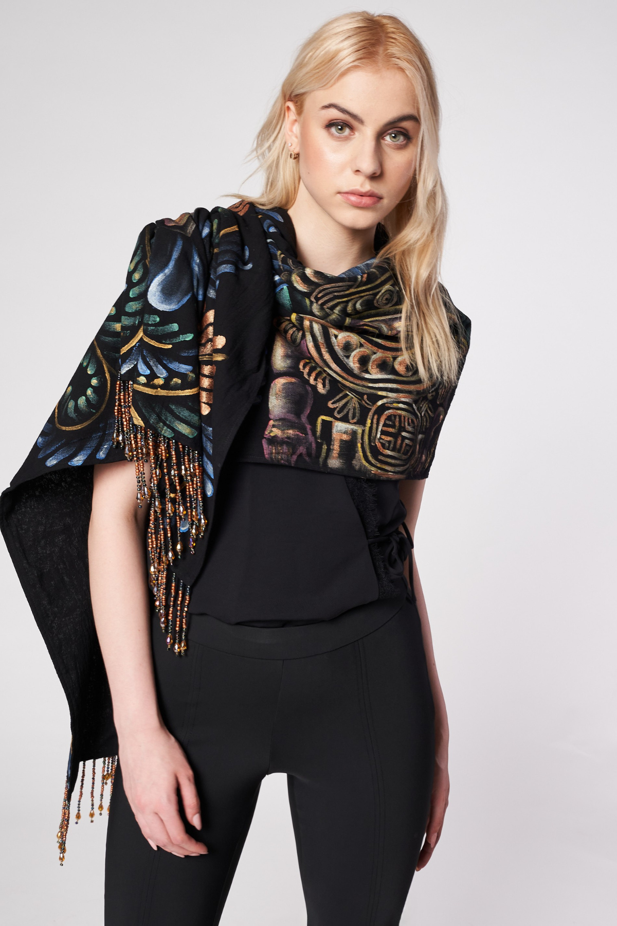 HAND PAINTED BEADED FRINGE SHAWL - PREHISPANICO