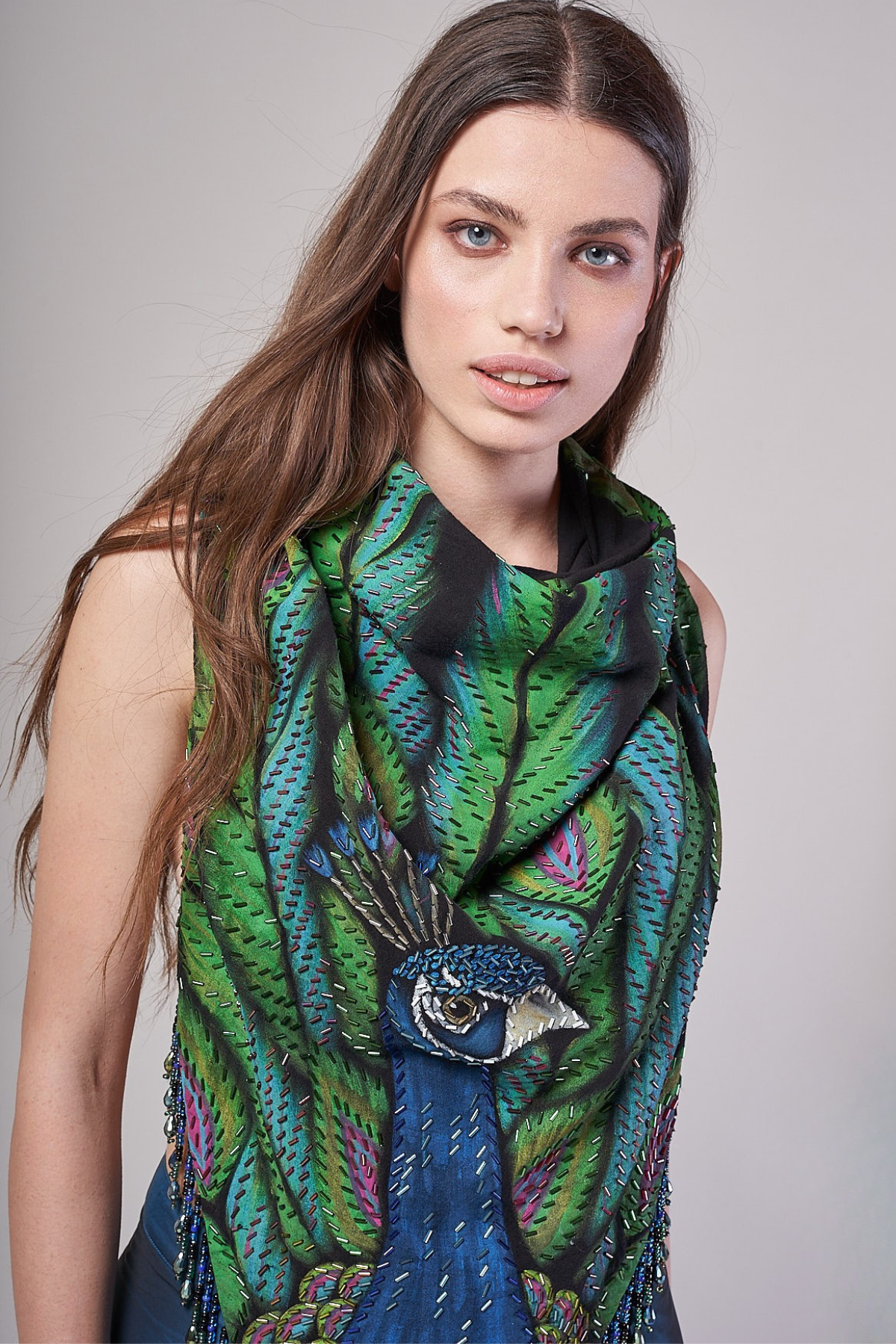 HAND-PAINTED AND HAND-EMBROIDERED TRIANGULAR SHAWL WITH BEADED FRINGE - PAVO REAL