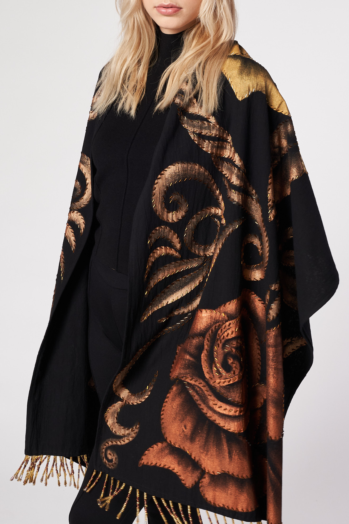 HAND PAINTED SHAWL WITH BEADED FRINGE - ROSAS GOLD