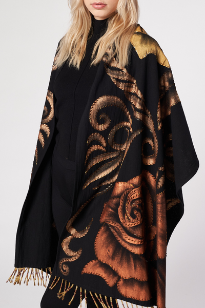 HAND PAINTED SHAWL WITH BEADED FRINGE - ROSAS GOLD