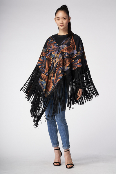 HAND-PAINTED PONCHO WITH SUEDE FRINGE