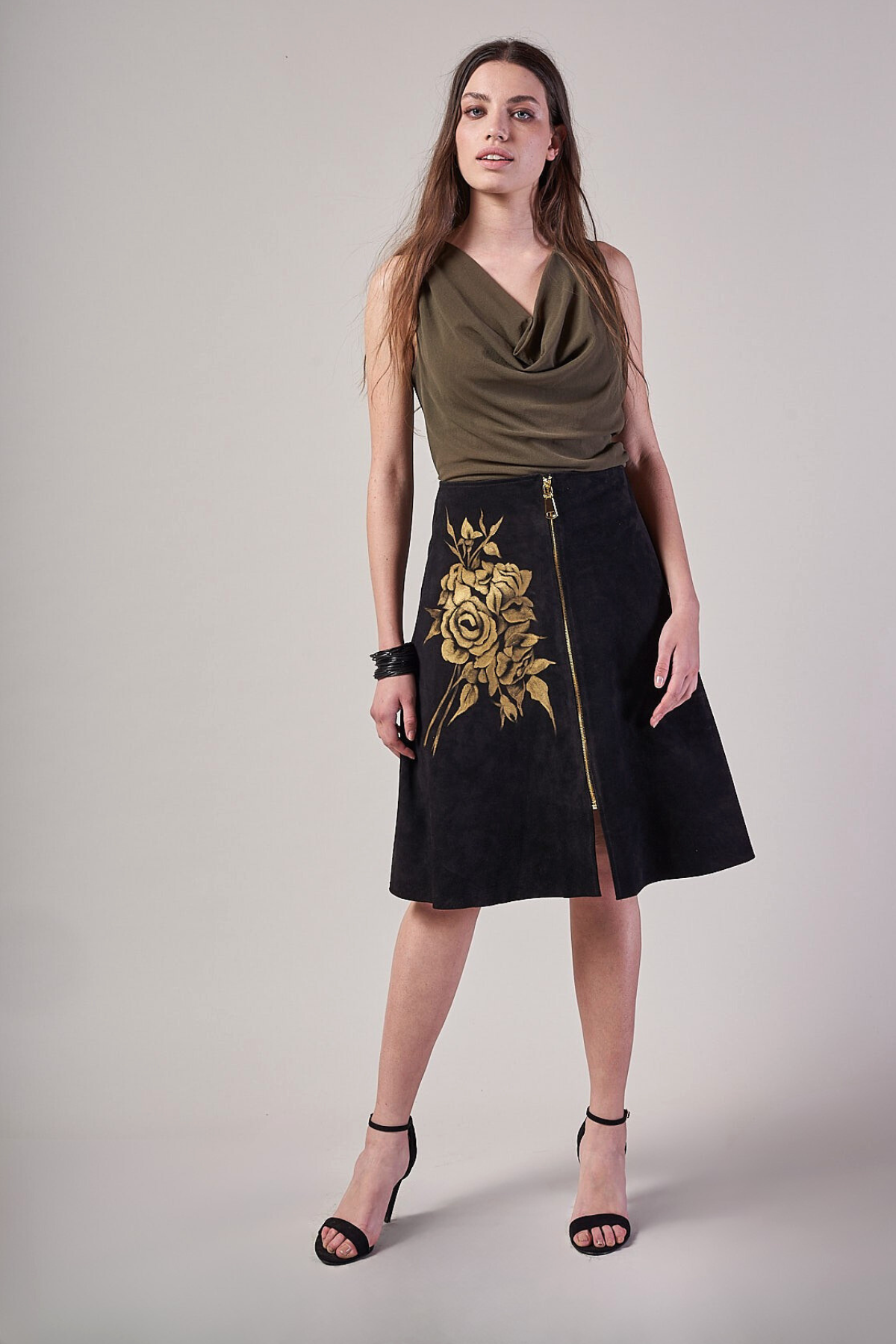 GONNA MIDI CAMOSCIO DIPINTA A MANO – ROSAS ORO