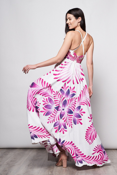 LONG DRESS V NECK HAND-PAINTED AND HAND-EMBROIDERED - TALAVERA PINK