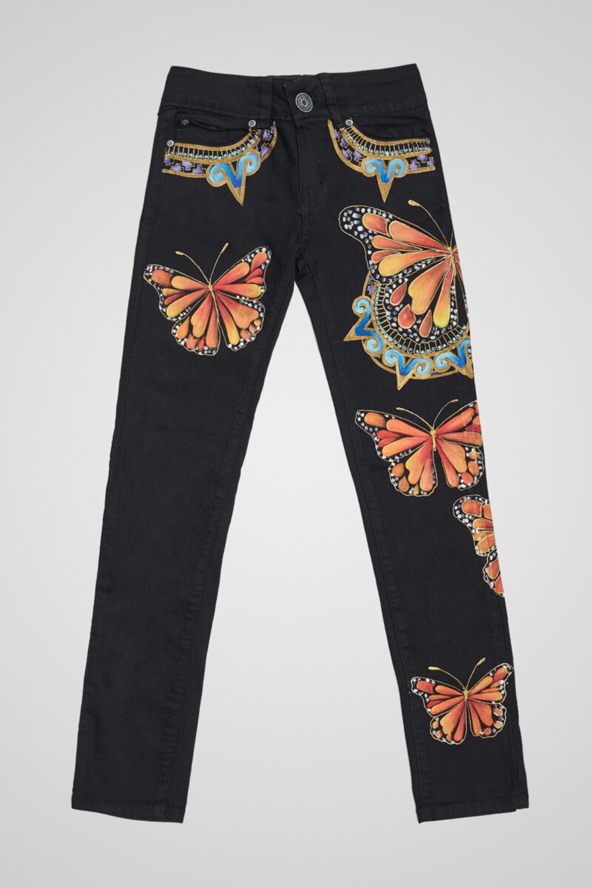 JEANS BLACK DENIM DIPINTI A MANO - MARIPOSAS