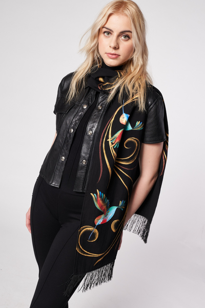 HAND PAINTED BLACK SCARF - COLIBRI