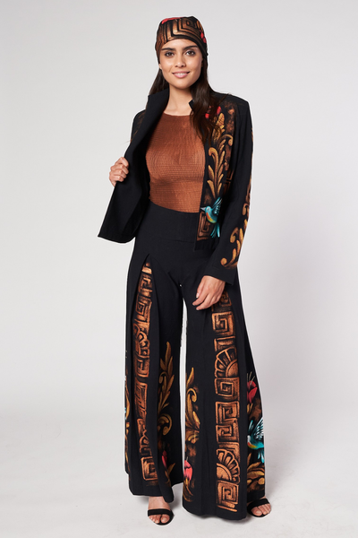 PANTALONI A PALAZZO PLISSETTATI DIPINTI A MANO - COLIBRI PREHISPANICO