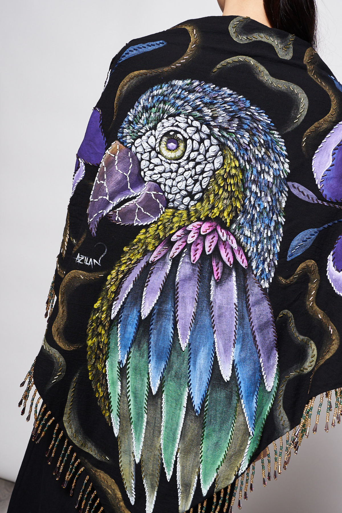 HAND-PAINTED AND HAND-EMBROIDERED TRIANGULAR SHAWL WITH BEADED FRINGE - GUACAMAYA