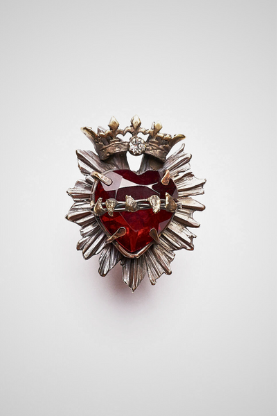 ANELLO SAGRADO CORAZON CORONA CON CUORE ROSSO SFACCETTATO A MANO E CRISTALLO BIANCO