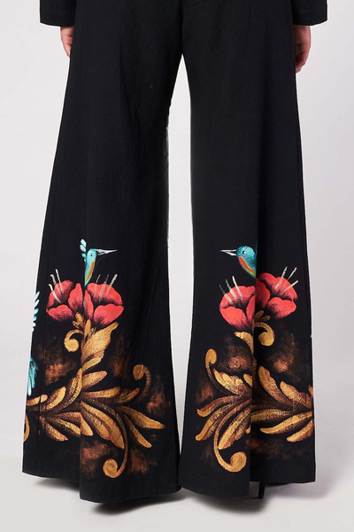 PANTALONI A PALAZZO PLISSETTATI DIPINTI A MANO - COLIBRI PREHISPANICO