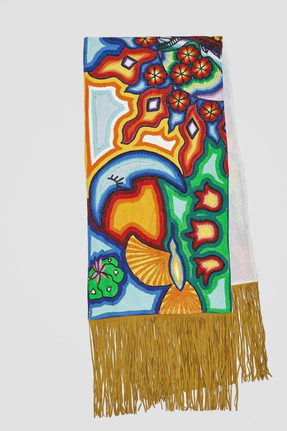 HAND PAINTED SUEDE FRINGE SHAWL - HUICHOL